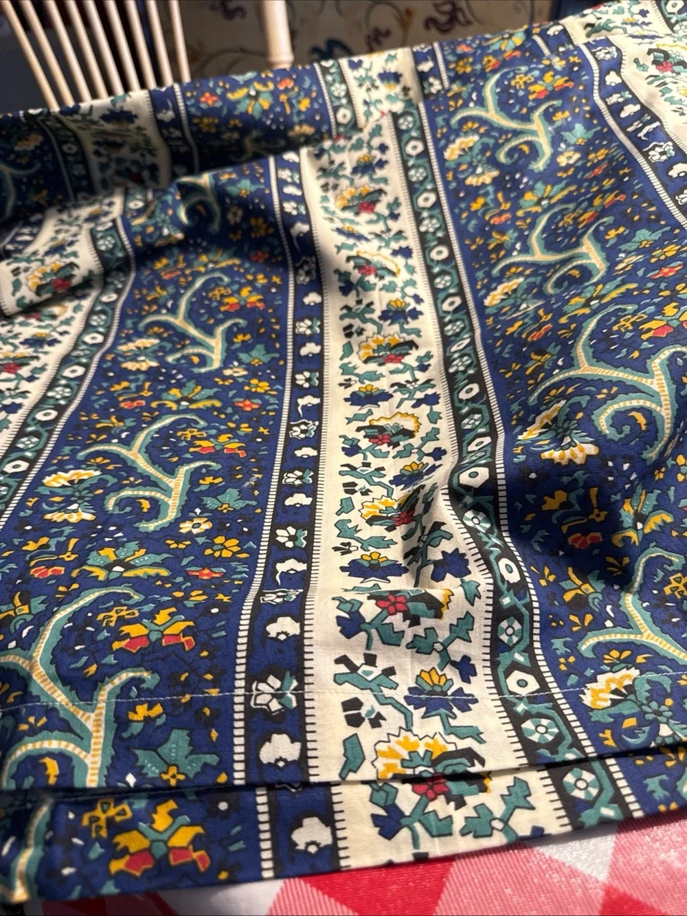 NWOT Williams Sonoma Tablecloth Indian Print 70 X 90 Blue Cotton Stripe